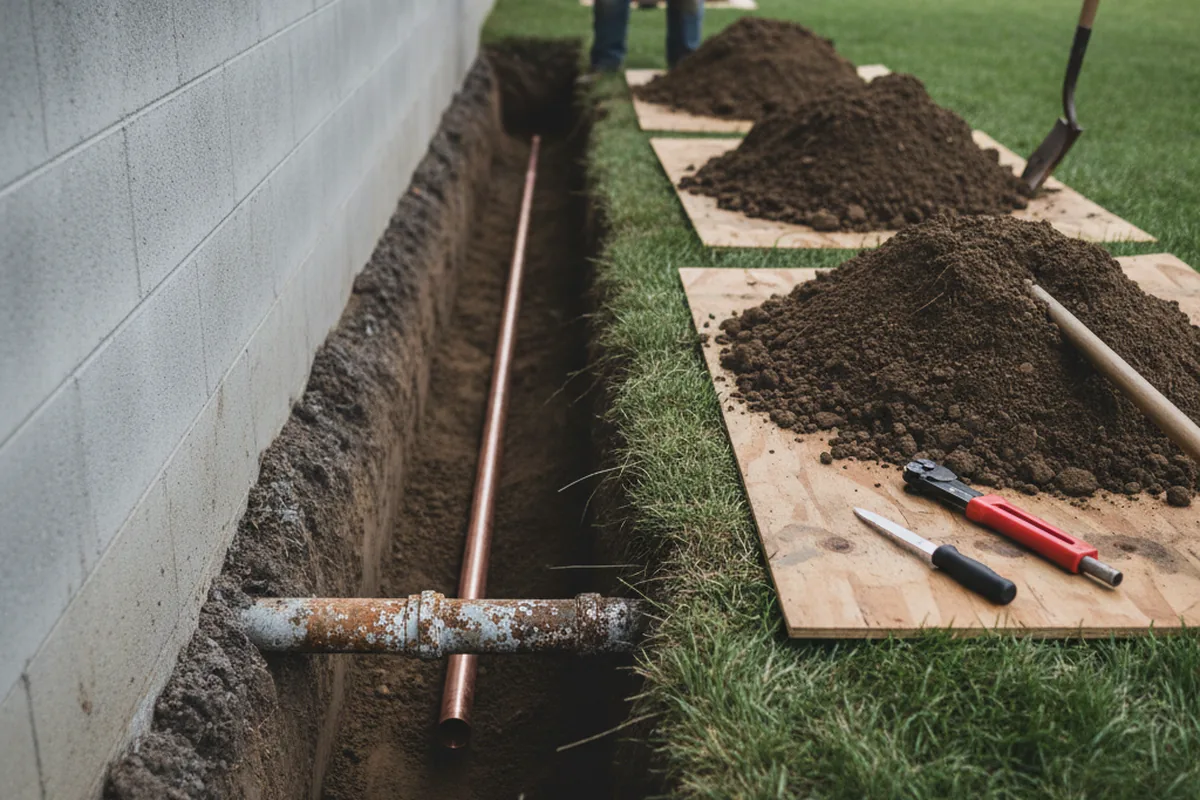 Excavated water line trench during Sewer Line Repair in Roseville